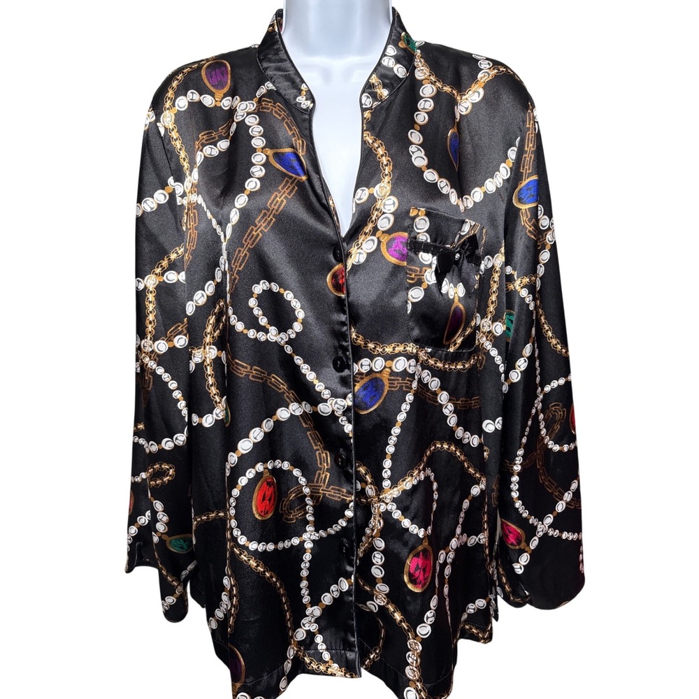 MORGAN TAYLOR INTIMATES Black Satin Chain/Jewel Print Pajama Top Sz L Luxury